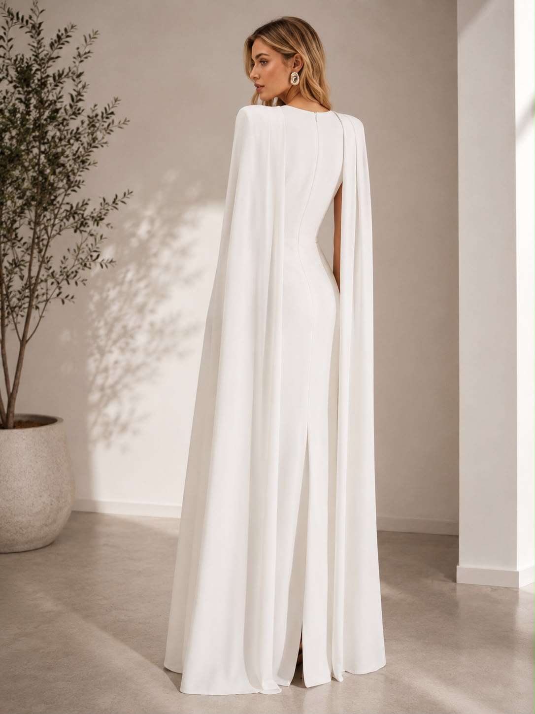 Vestido Largo con Capa y Hombros Estructurados