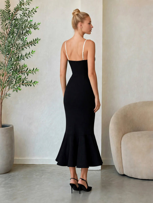 Vestido midi sirena con detalle de encaje