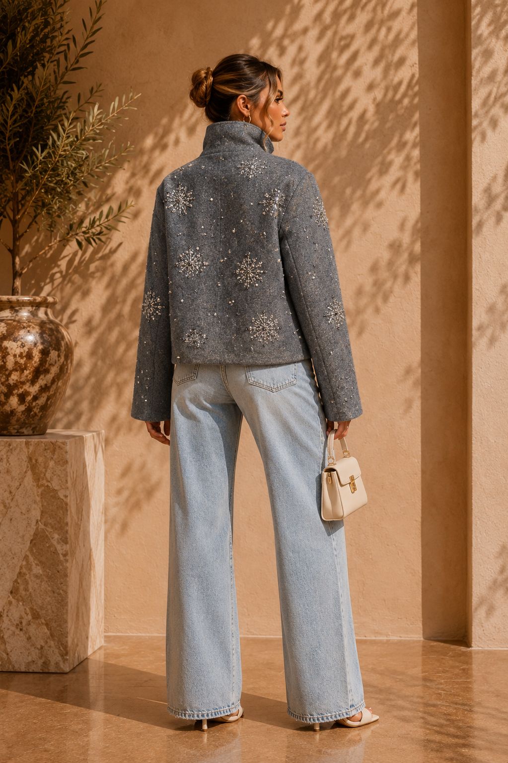 chaqueta gris con pedrería